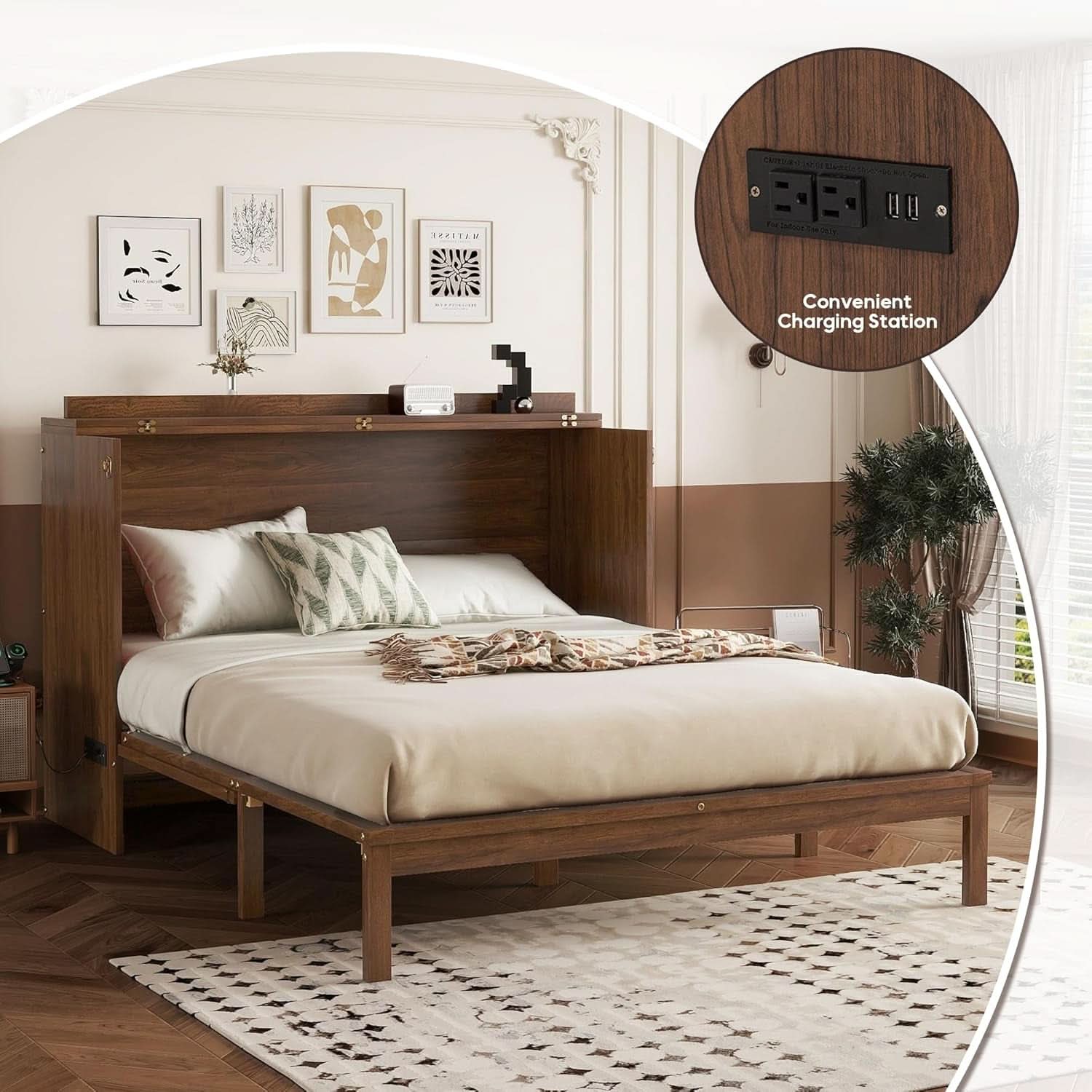 Queen Murphy Bed Cabinet Charging Station WalnutFinish-4