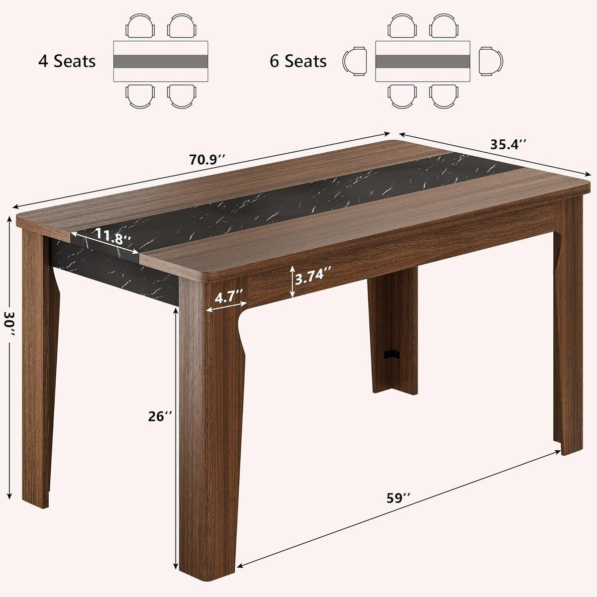 Rectangular Farmhouse 71 Inches Brown Dining Table