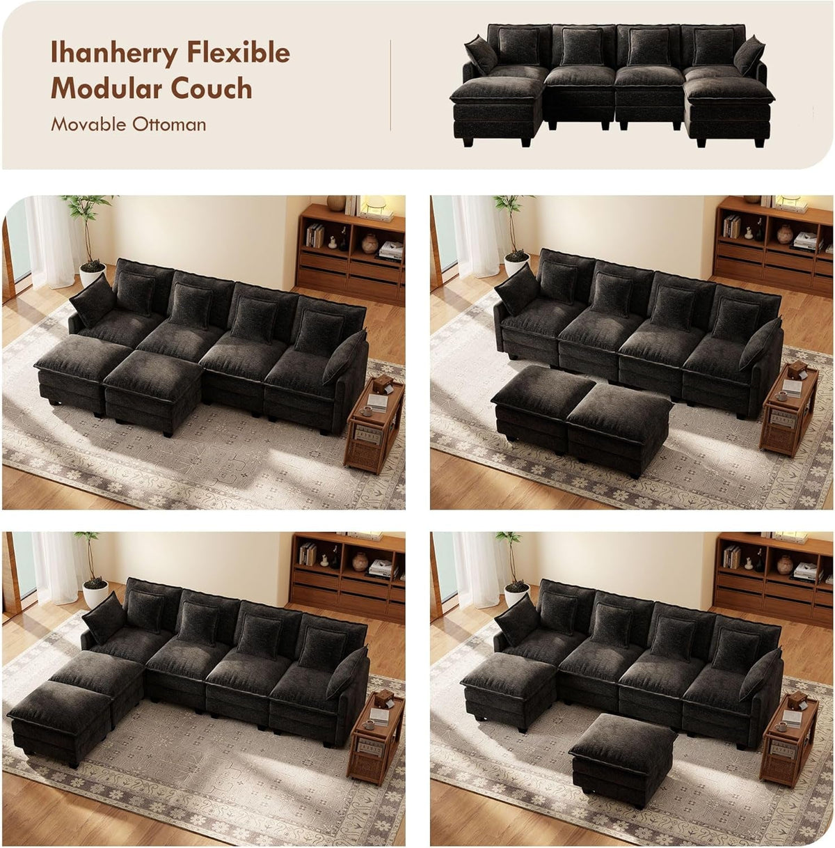 106-Inch Modular Cloud Sofa Black Sectional Modern