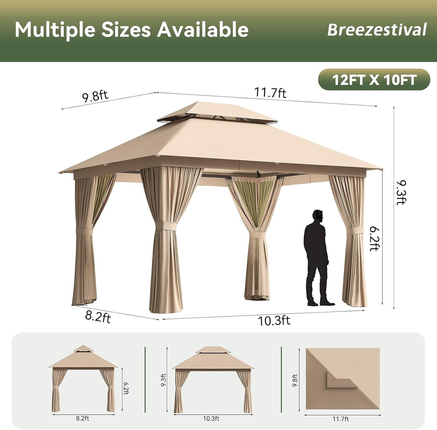 12x10ft Outdoor Gazebo Stainless Steel Frame Durable