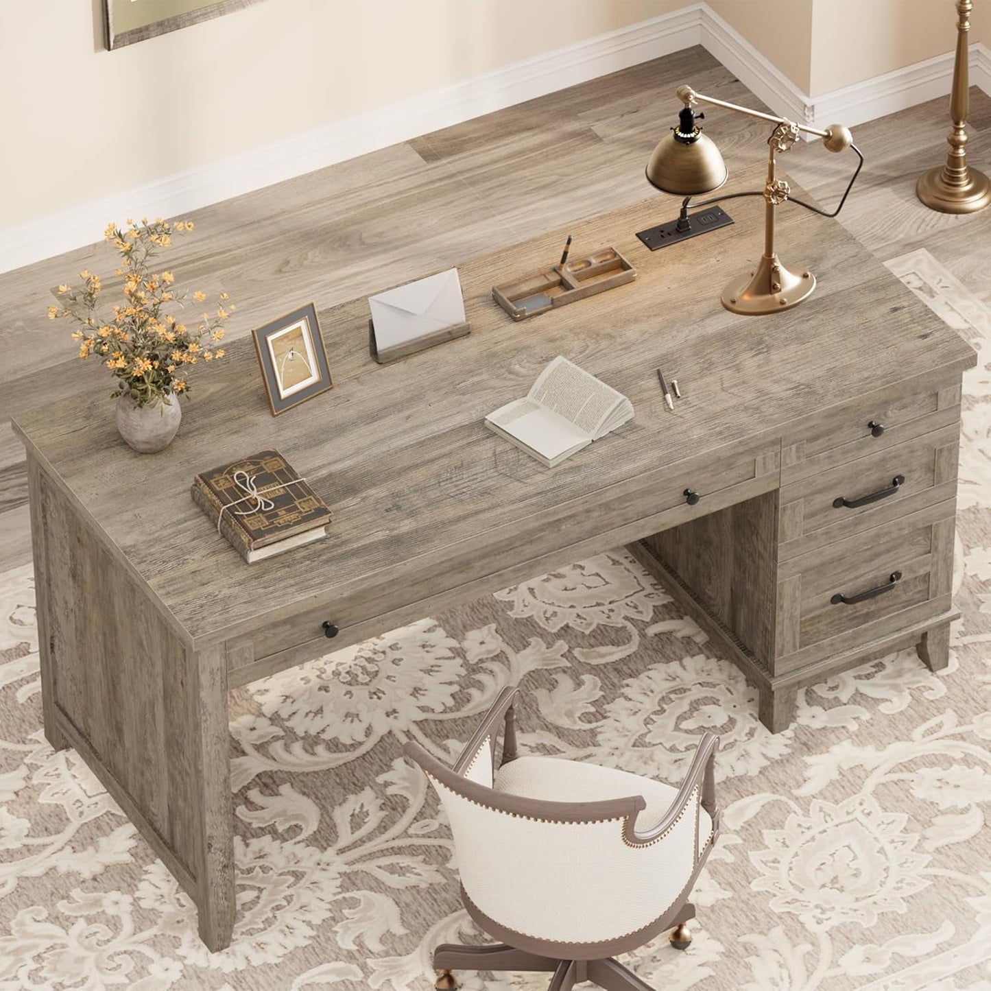 53Inch Rustic Farmhouse Desk With Charging Station