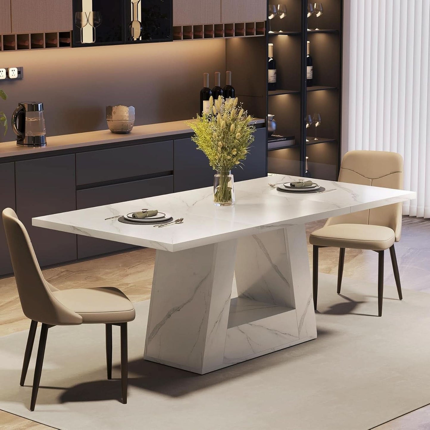 63 Inch White Faux Marble Dining Table Rectangular