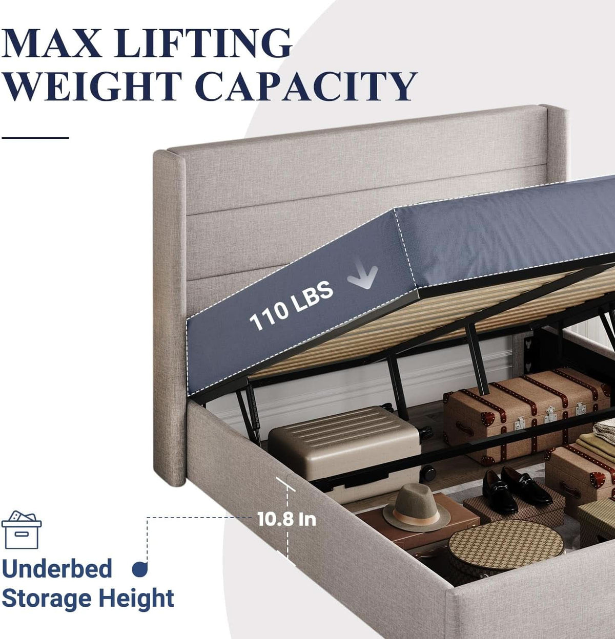 Queen Size Lift Up Storage Bed With Hydraulic Headboard