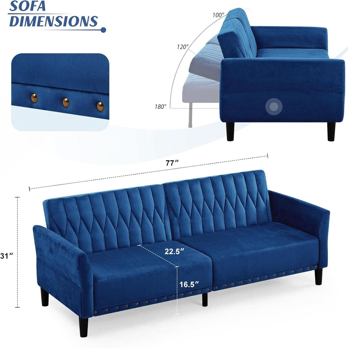 77Inch Velvet Convertible Sofa Bed Featuring Armrests-2