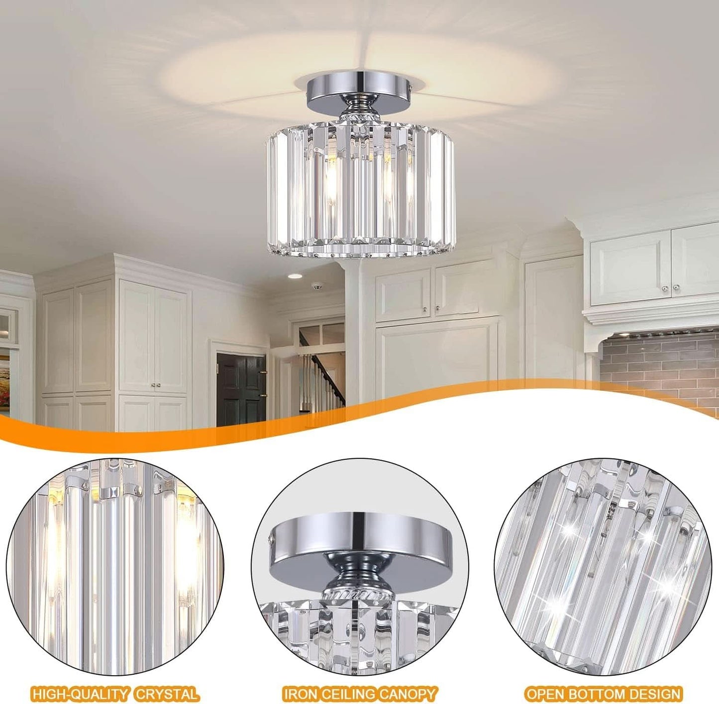 Semi Flush Crystal Chandelier Silver Ceiling Light