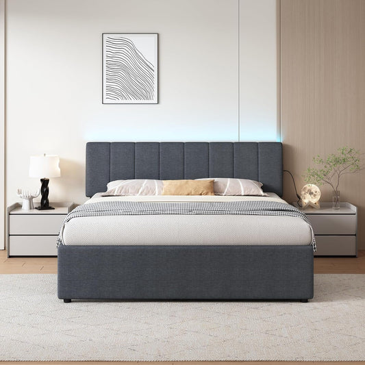 Queen Size Upholstered Platform Bed Featuring Trundle