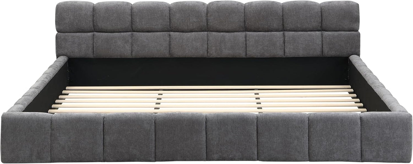 King Size Gray Chenille Upholstered Platform Bedstead