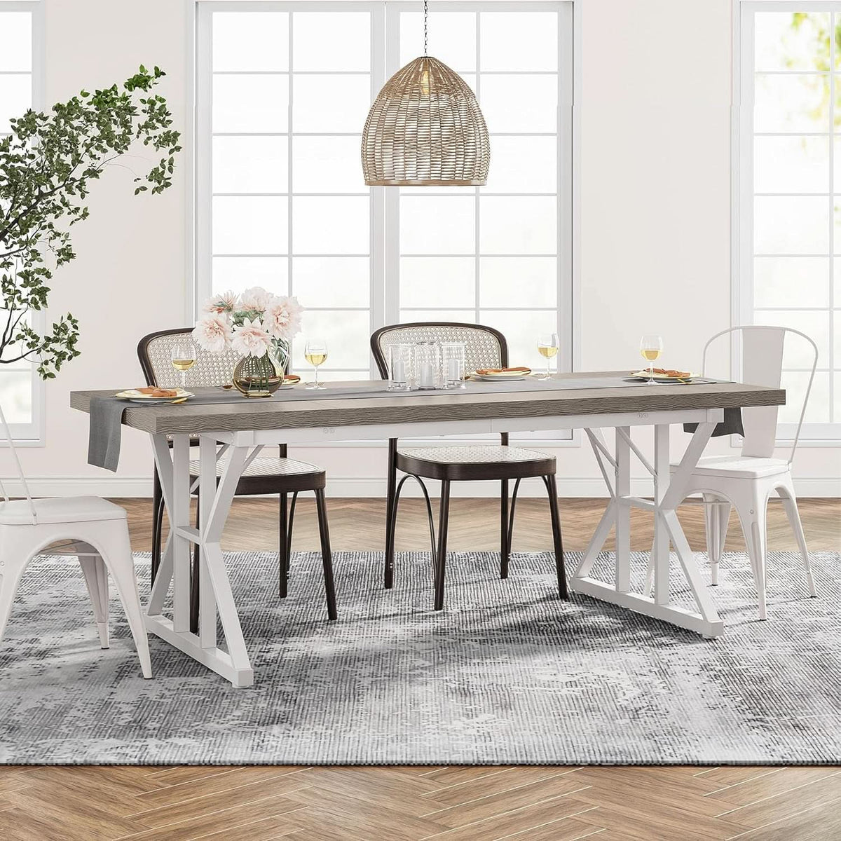Farmhouse 6 Person Dining Table 70.8 Inch Grey Wood Table