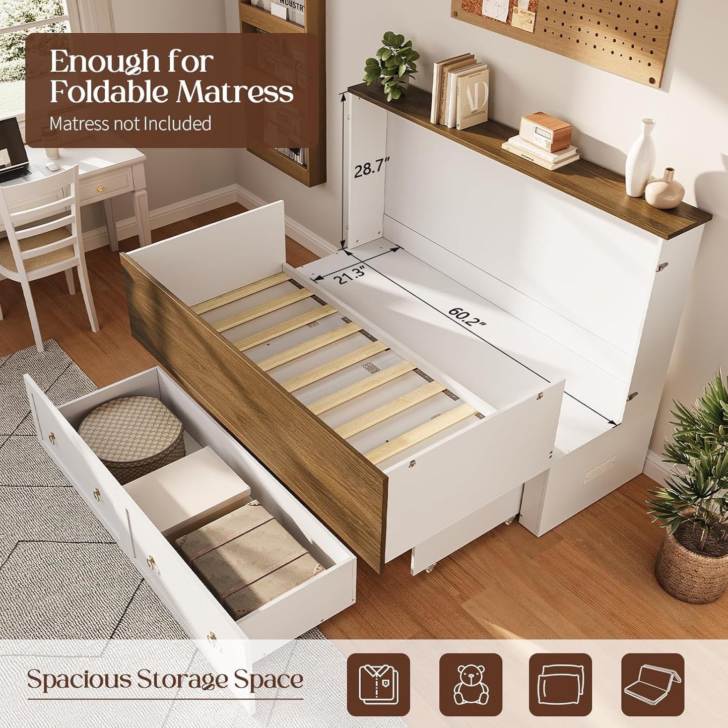 Queen Murphy Bed Space Saving Charging Cabinet Drawers