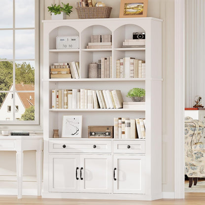White Farmhouse Arched Bookcase Featuring Large Drawer