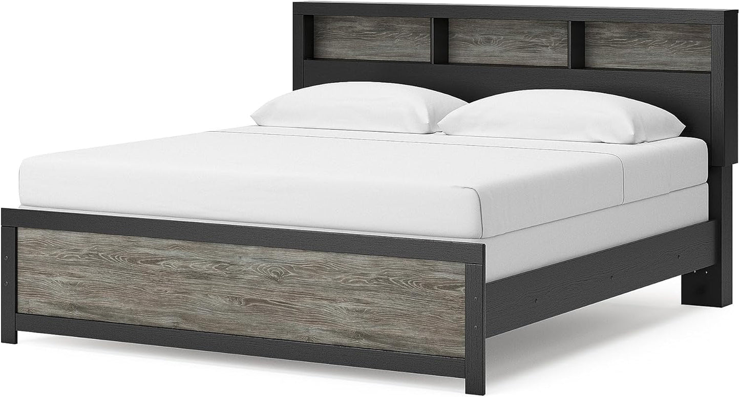 King Bed Frame With Bookcase Headboard Warm Gray Matte Black