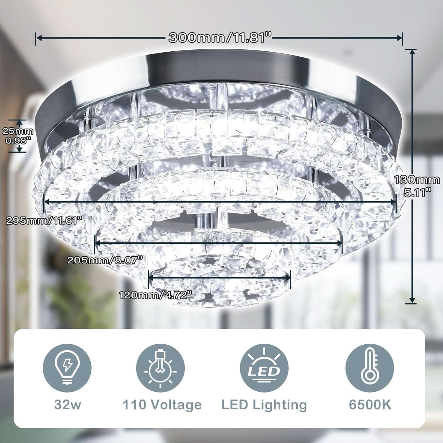 11.8 Inch Crystal Chandelier Ceiling Light 6500K LED-3