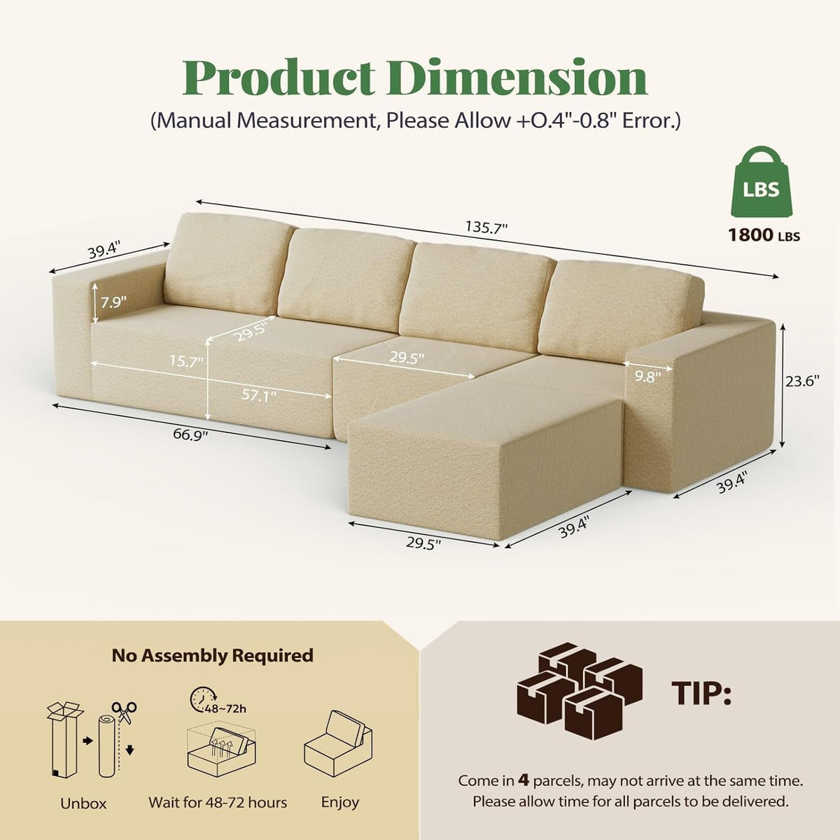 136Inch Modular L Shaped Sectional Sofa BeigeBoucle-2