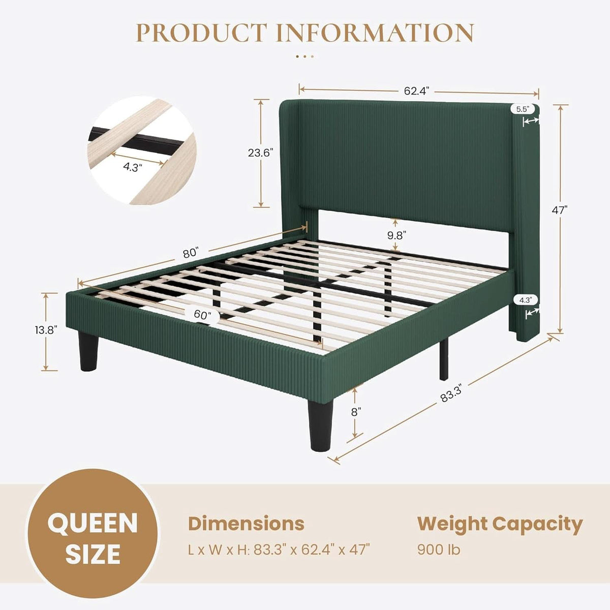 Queen Size Corduroy Upholstered Dark Green Bed Frame