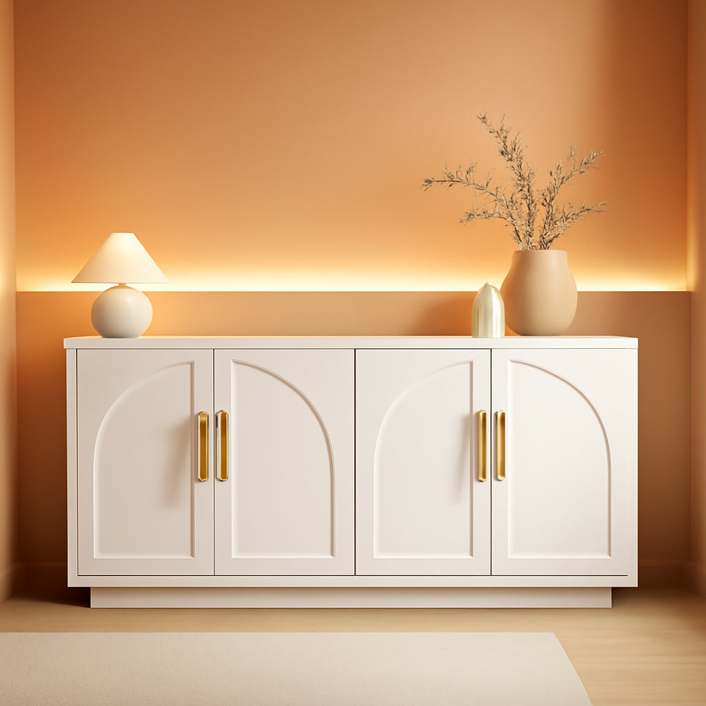 59-Inch Arched Buffet Cabinet Beige Finish With Adjustable Shelves