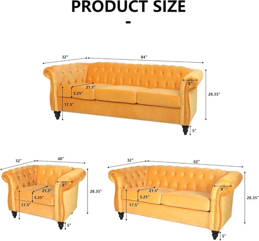 Three Piece Mango Velvet Chesterfield Sofa Set With Club Chair And Loveseat For Living Room