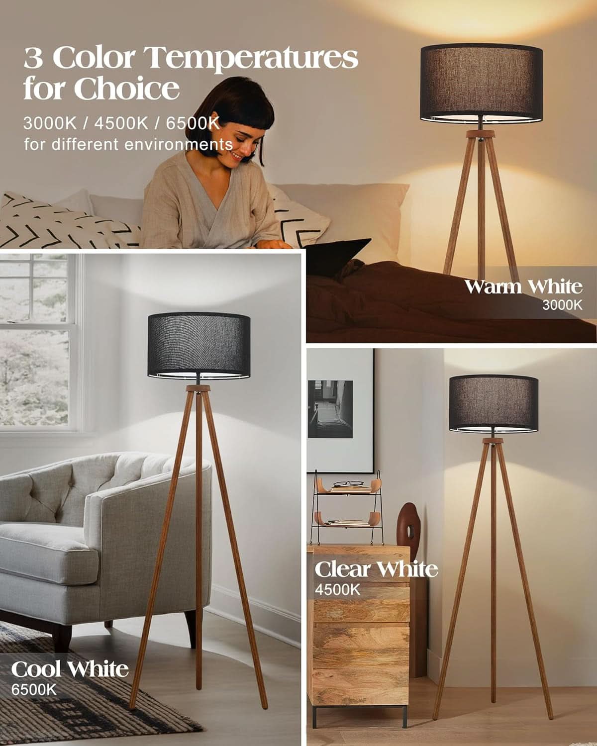 Walnut Wood Tripod Floor Lamp Color Temperature LED-1