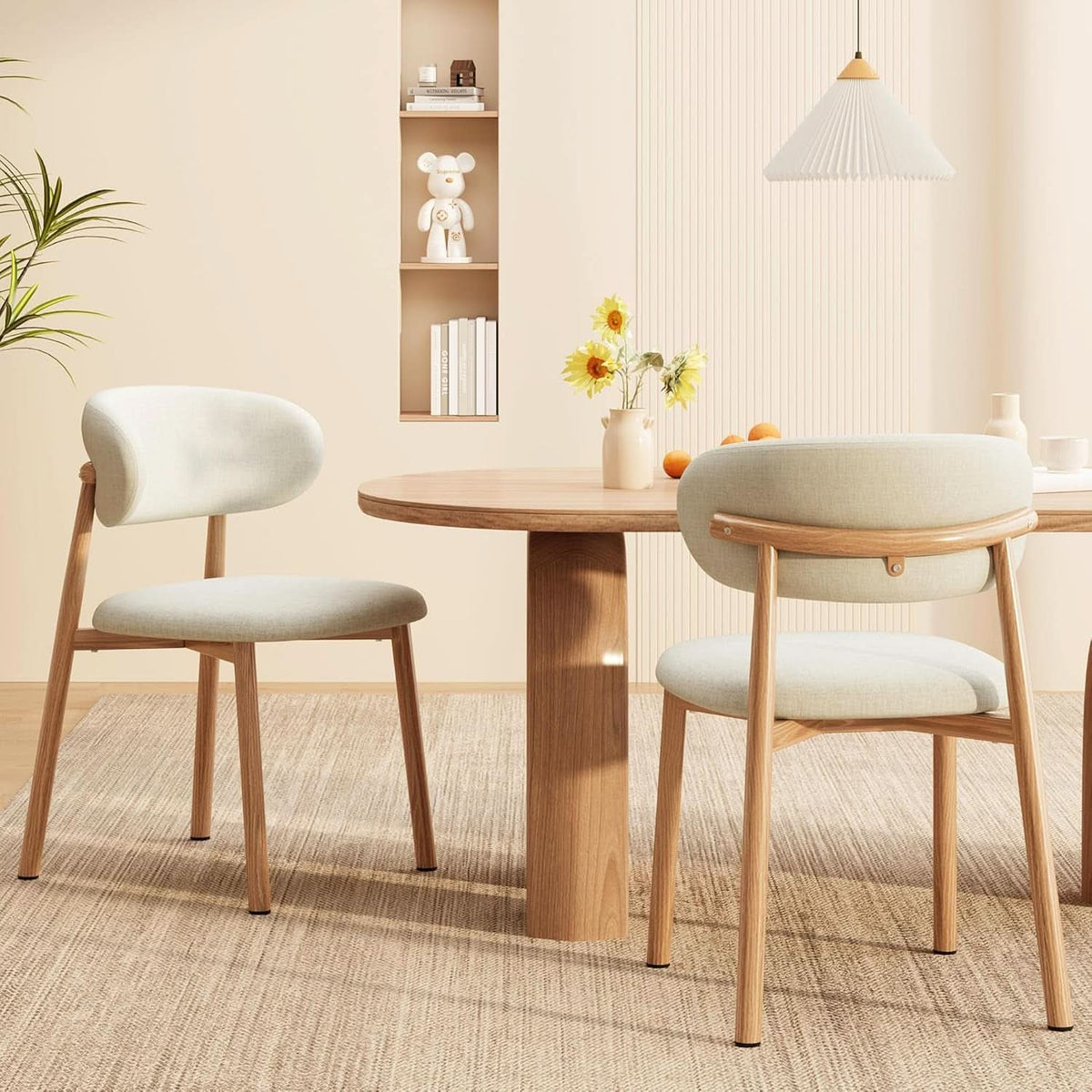 Beige Linen Upholstered Dining Room Chairs Metal Legs