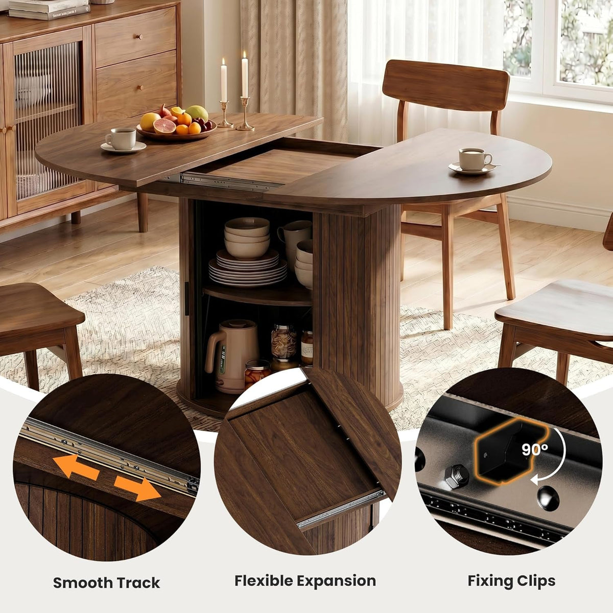 Walnut Extendable Round Dining Table Hidden Storage