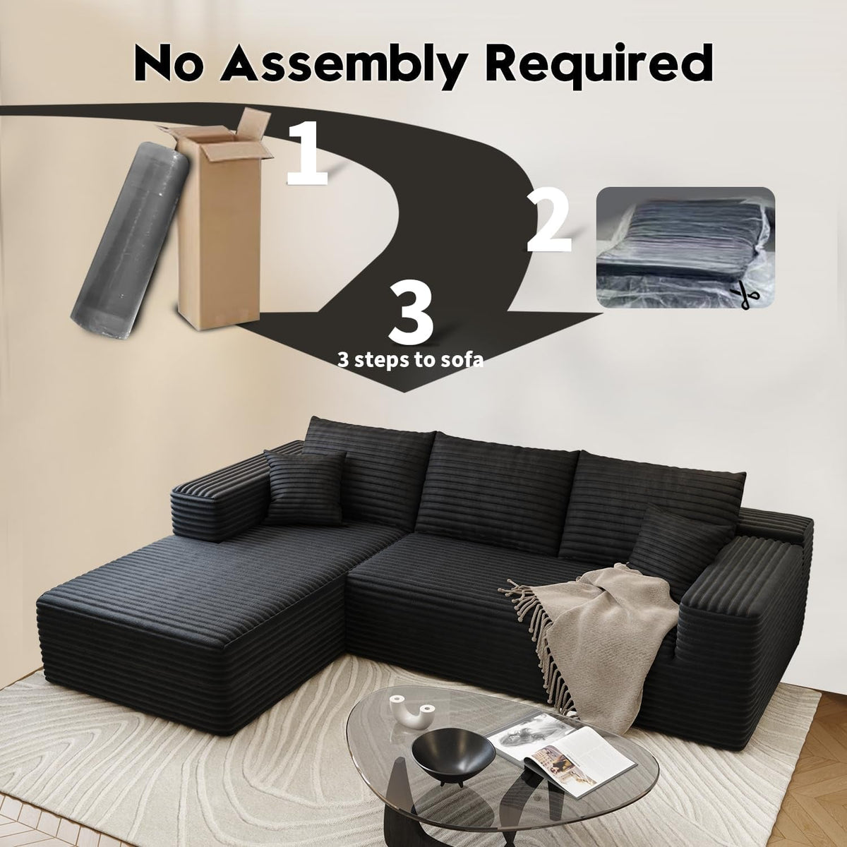 Black Cloudlike Sectional Sofa Featuring Left Chaise