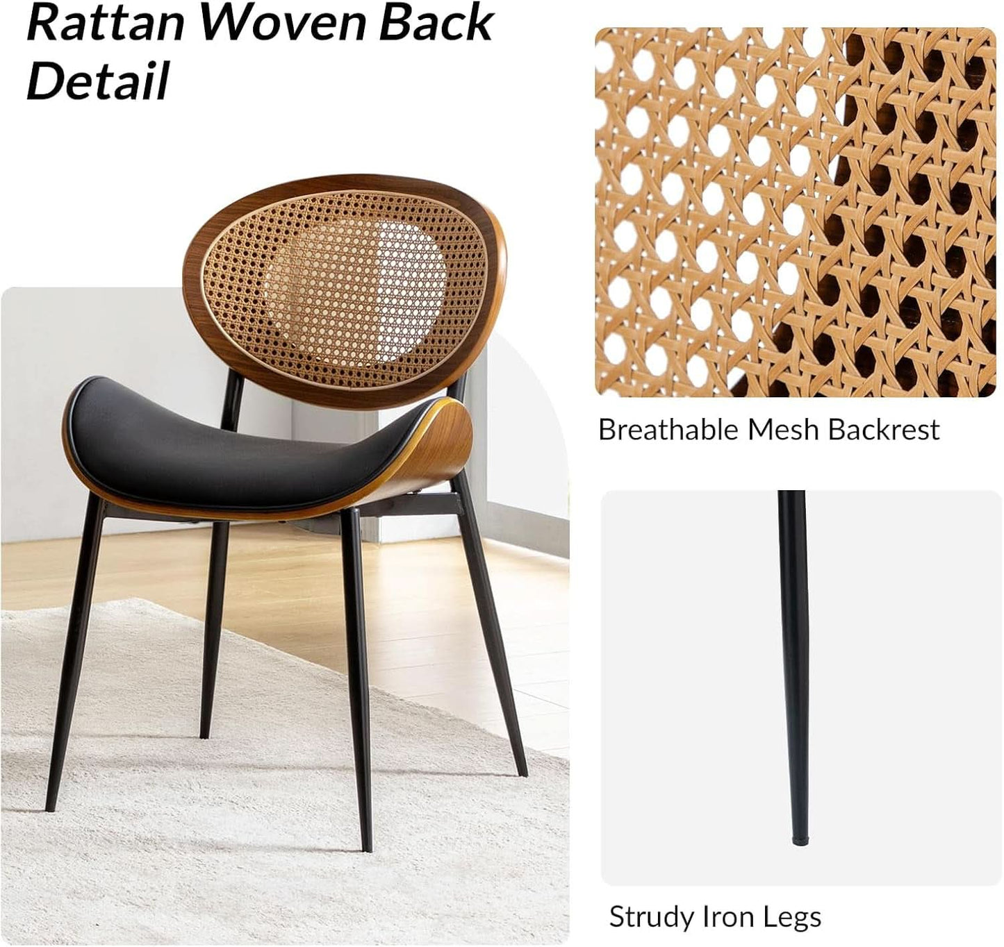Matte Black Leather Dining Chairs Rattan Backrests