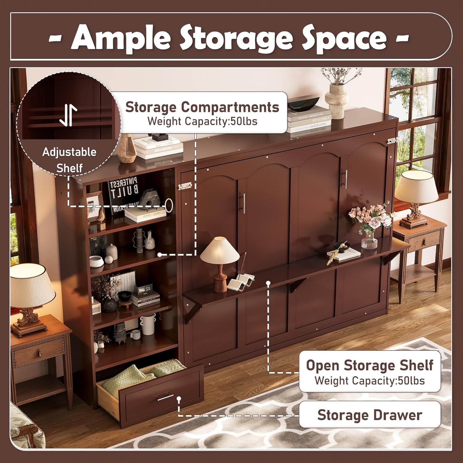 Queen Horizontal Murphy Bed With Desk Walnut Finish-4
