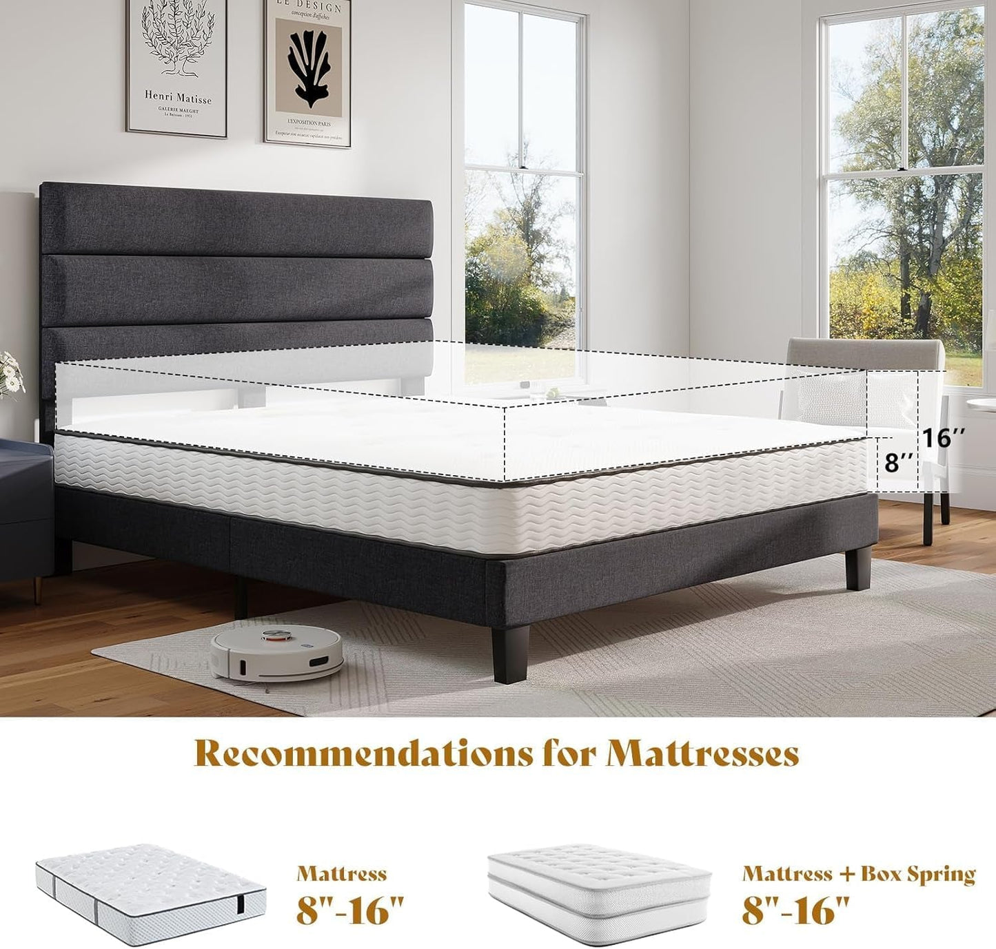Queen Size Grey Linen Upholstered Platform Bed frame
