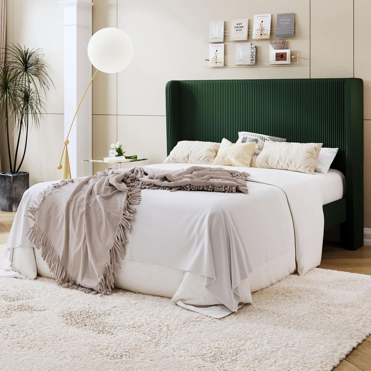 Queen Size Corduroy Upholstered Dark Green Bed Frame