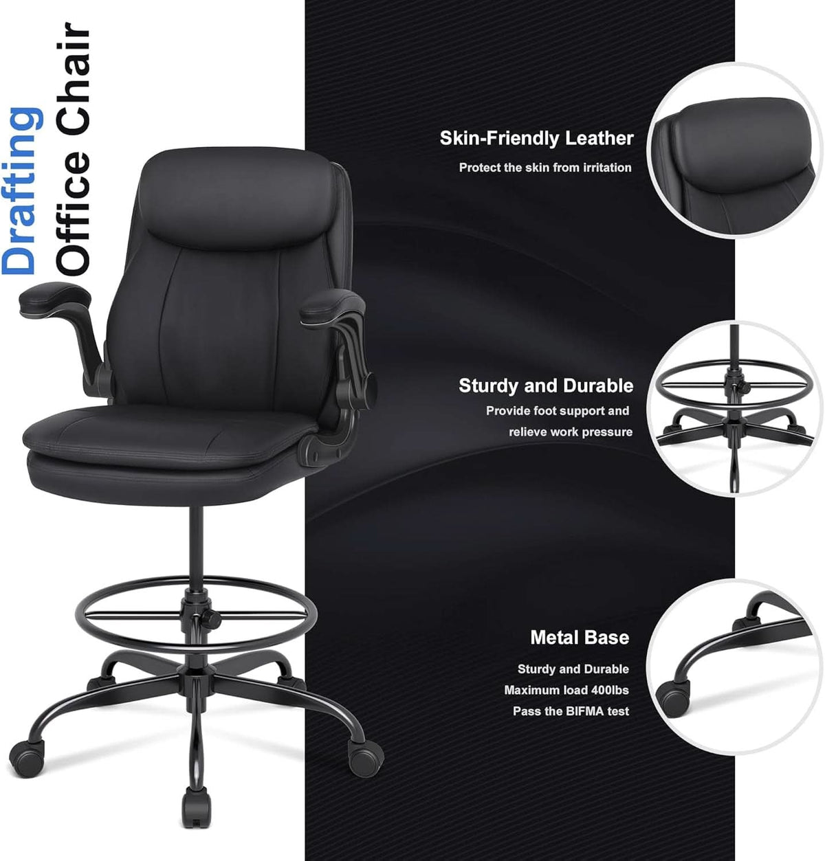 Adjustable Height Leather Drafting Chair For Standing Desk