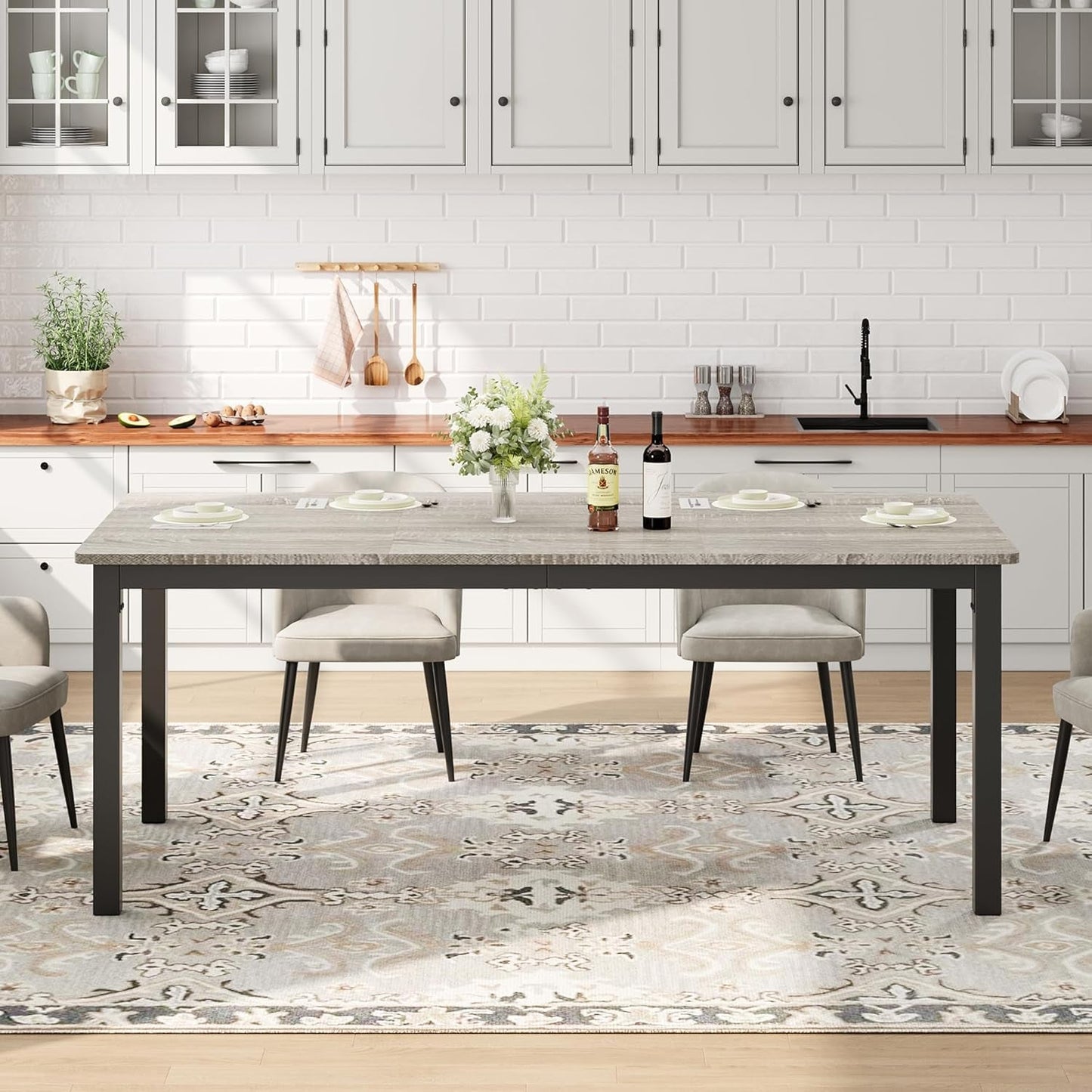 79 Inches Industrial Dining Table Greywashed Finish