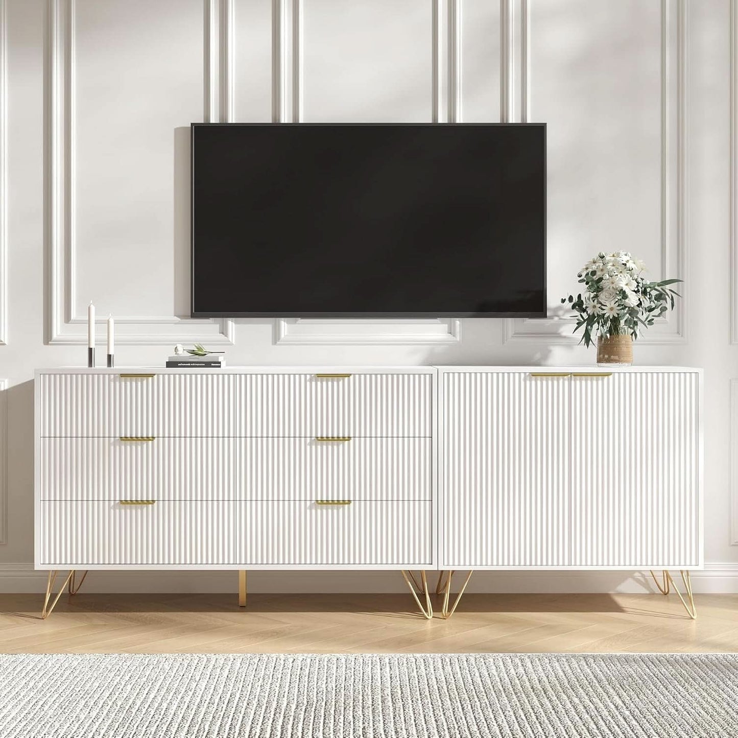 White Fluted TV Stand With Entertainment Center Storage