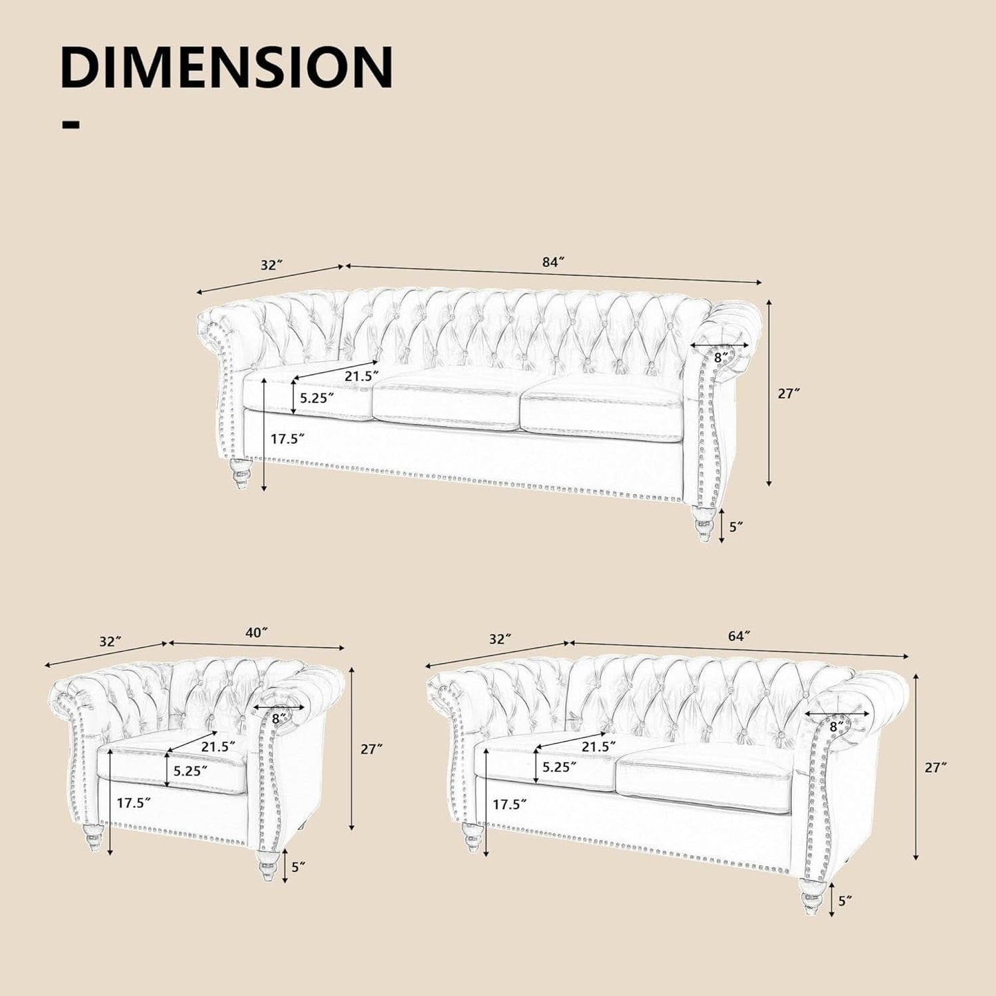 Beige Velvet 3 Piece Living Room Set With Chesterfield Sectional Sofa And Loveseat-1