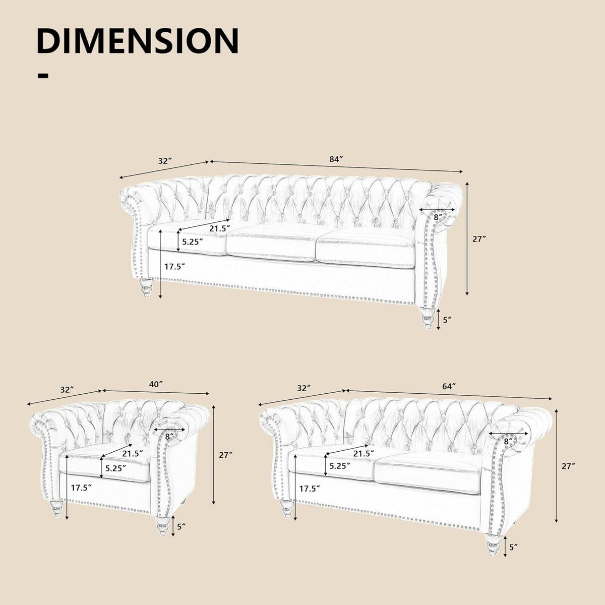 3 Piece Living Room Set Sectional Chesterfield Sofa Chair Artificial Leather Black-1