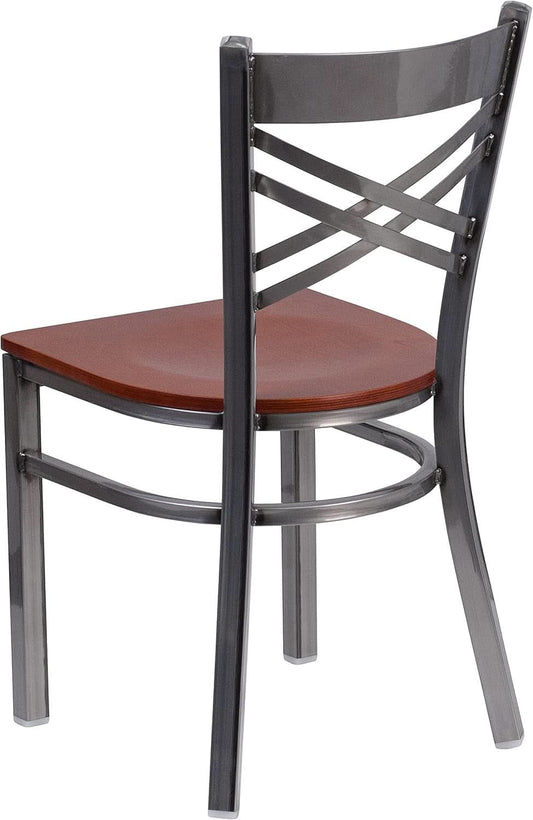 2 Pack Hercules Series X Back Metal Dining Chairs With Cherry Wood Seat For Restaurant Or Home Dining