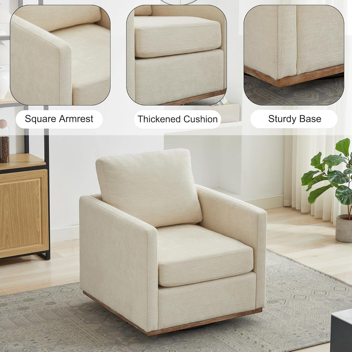 Beige Upholstered Swivel Armchair 360 Degree Chair