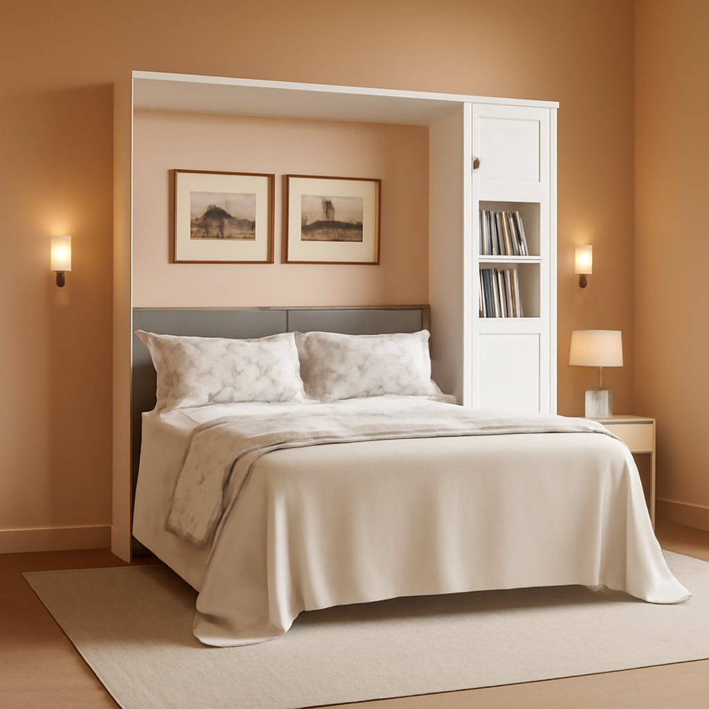 Queen Murphy Bed With Industrial Glass Cabinet White