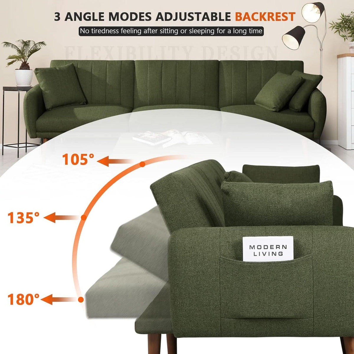 LShaped Linen Sleeper SofaBed With Reclining Backrest