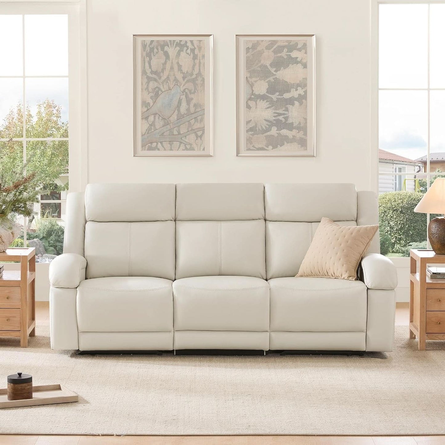 Genuine Leather Power Recliner Sofa Cream Upholstery