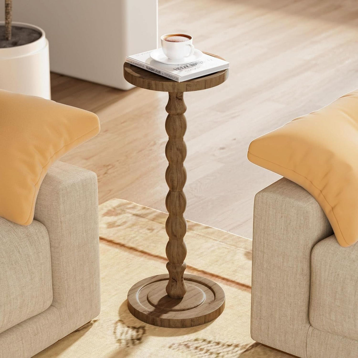 9.4 Inch Round Rubberwood End Table Brown Textured Finish