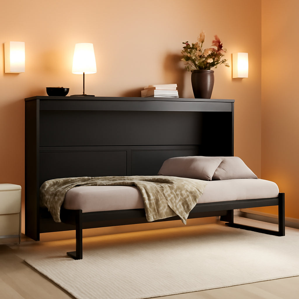 Black Twin Murphy Bed Featuring Integrated Lighting