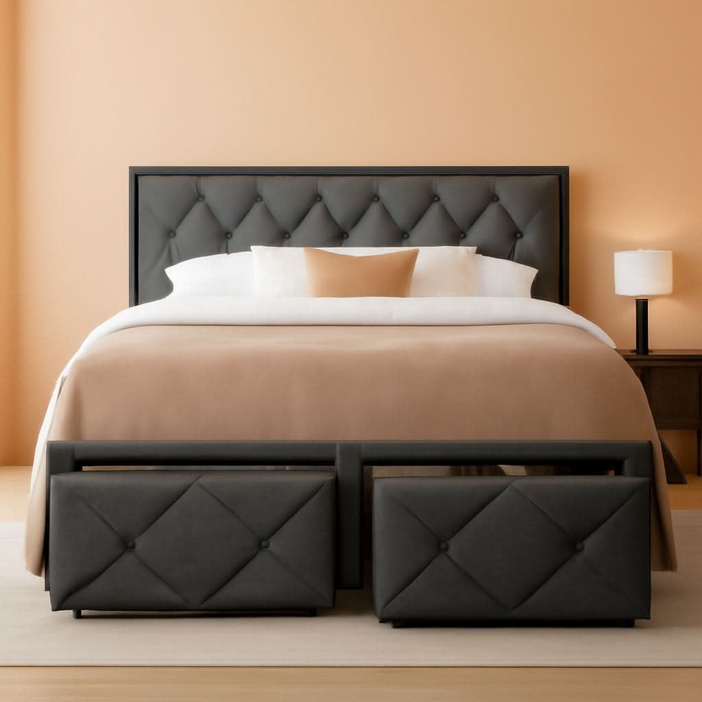 Full Size Bed Frame With Grey Storage Drawers USB Ports