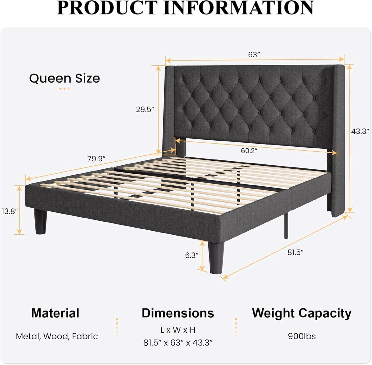 Queen Size Upholstered Wing back Platform Bed Dark Grey