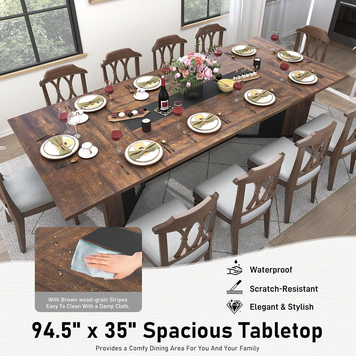 Brown 94 Inch Solid Wood Dining Table Stain Resistant
