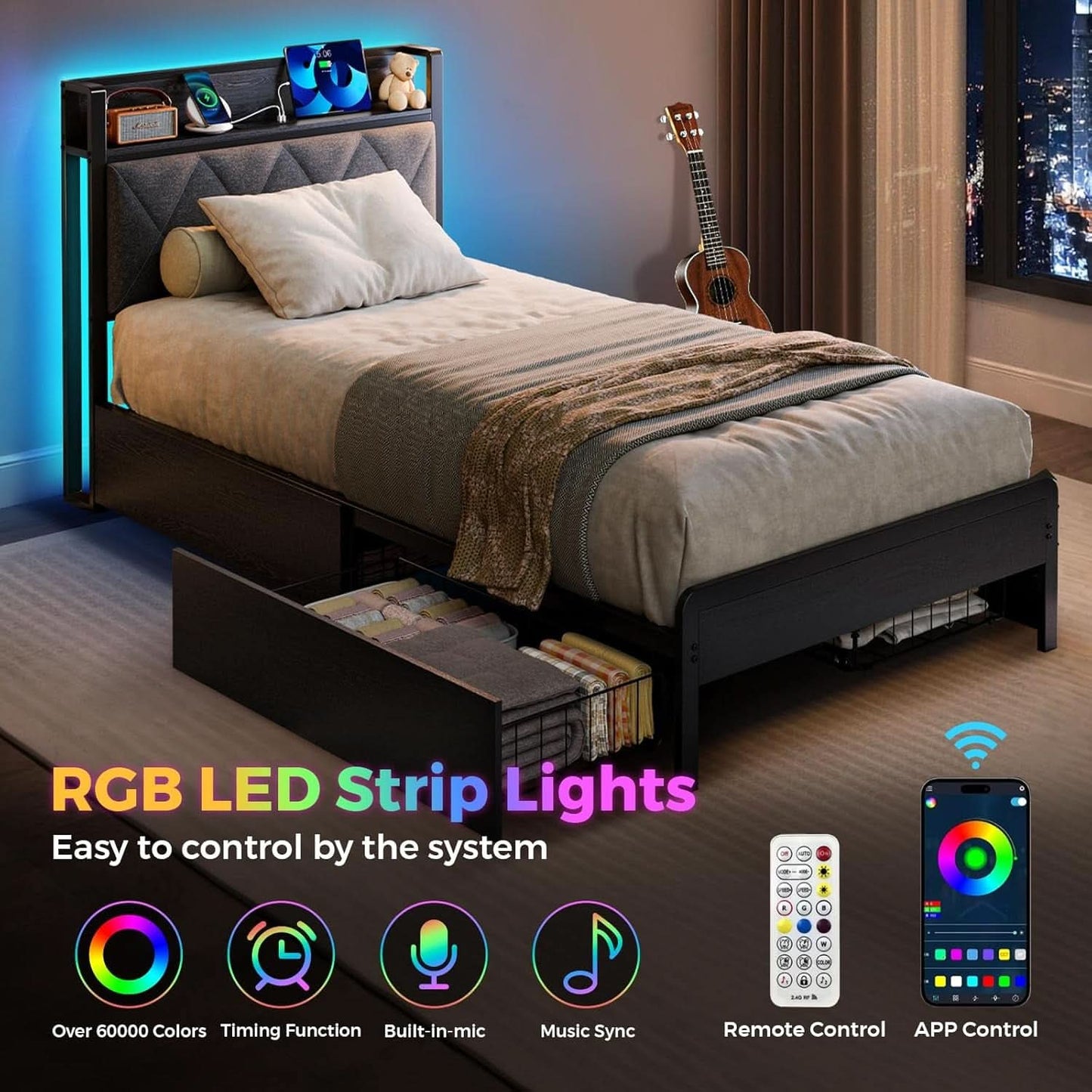 Twin Bed Frame With Charging Station Storage Drawers