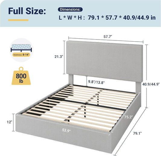 Full Size Corduroy Upholstered Bed Frame Head board