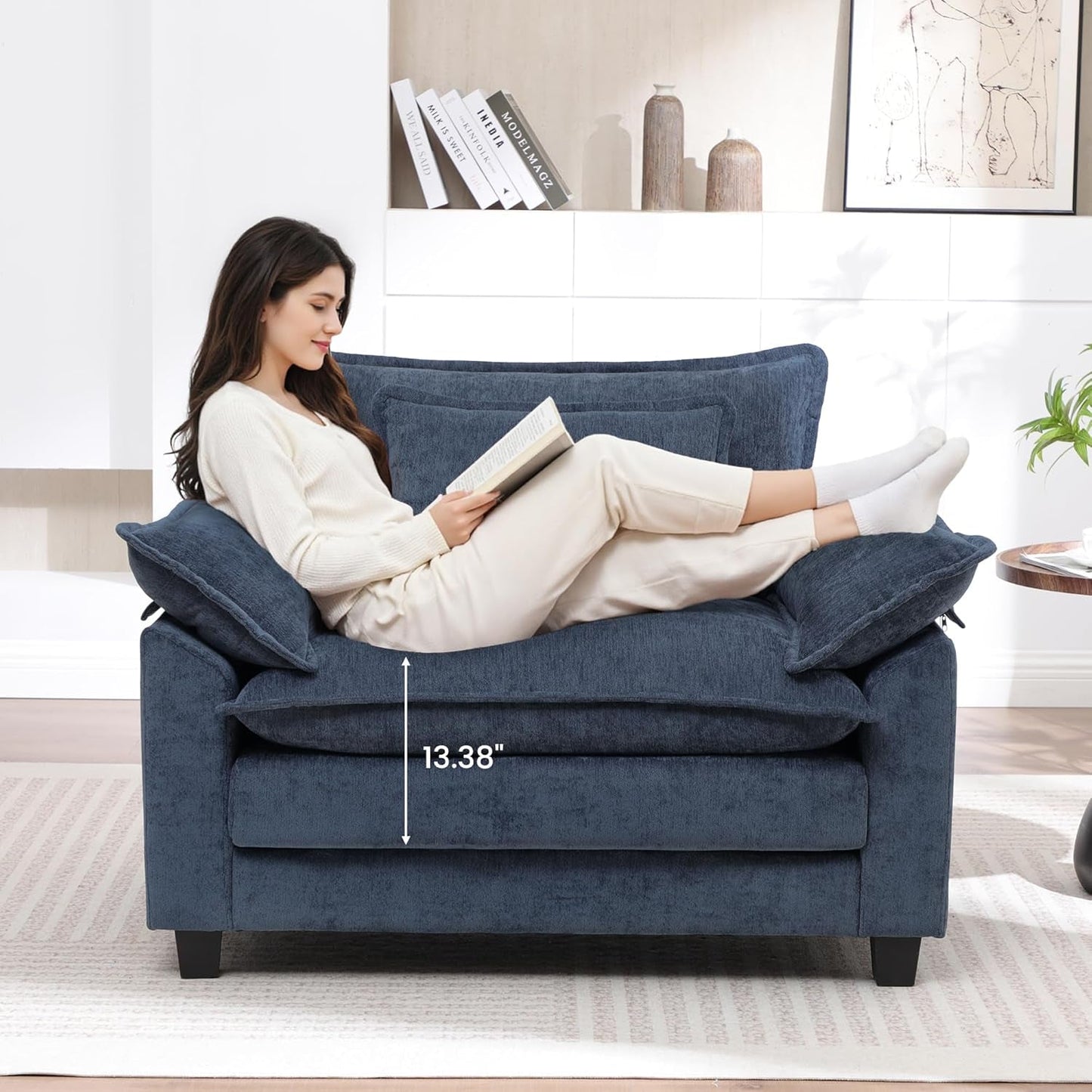 Oversized Chenille Accent Chair Blue DeepSeat Cushioned