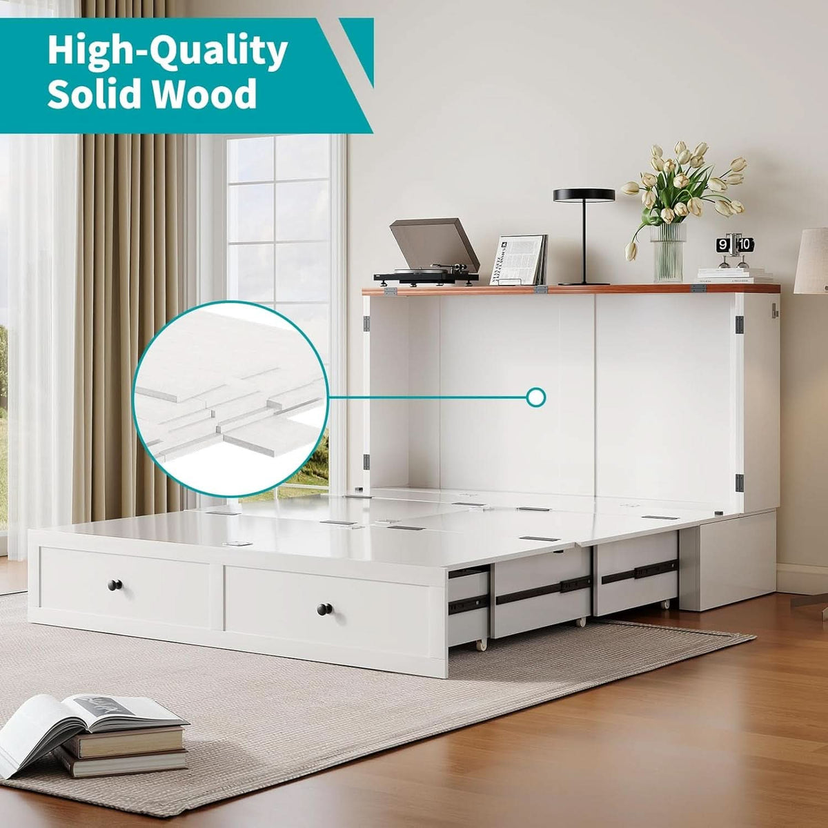 White Queen Murphy Cabinet Bed USB Charging-4