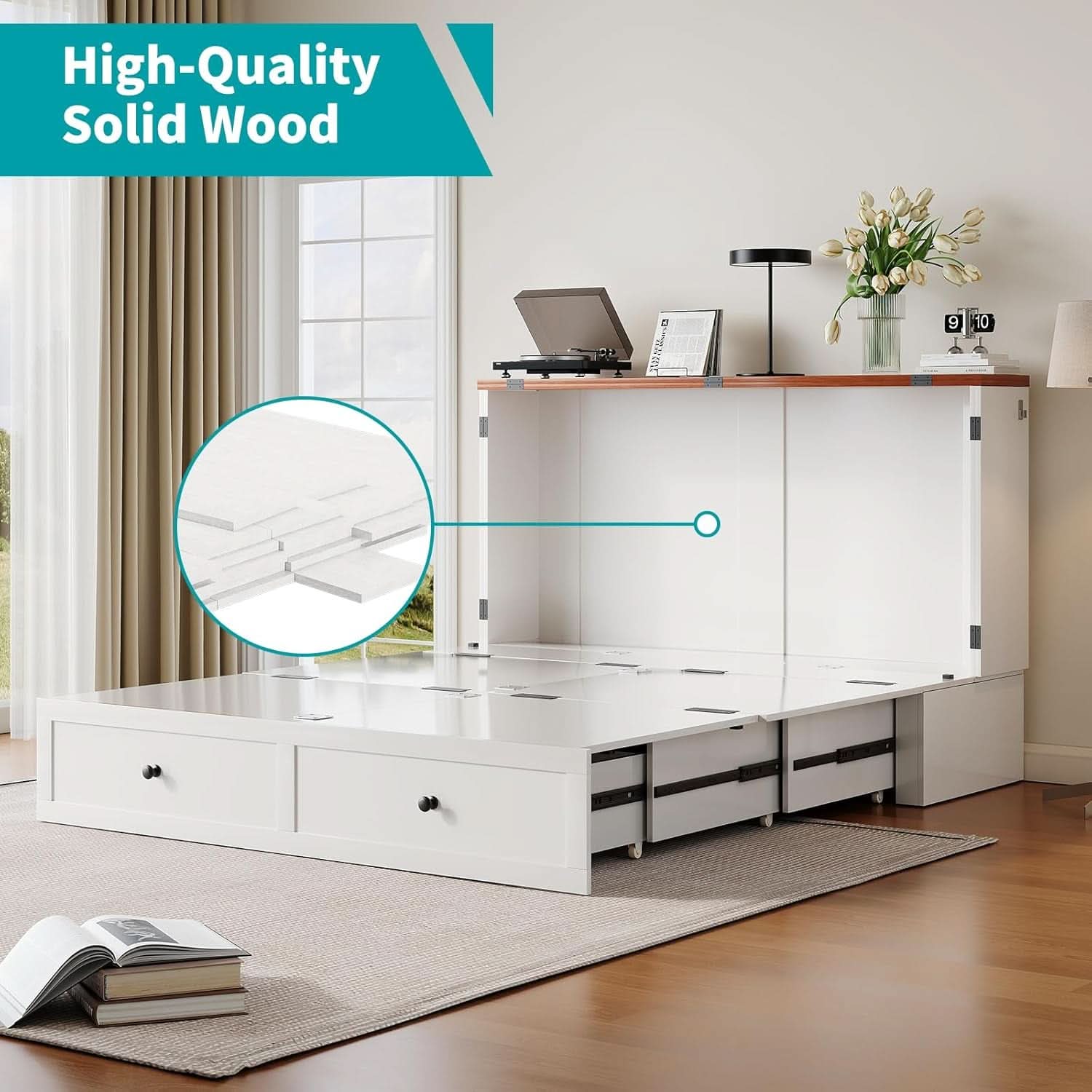 White Queen Murphy Cabinet Bed USB Charging-4