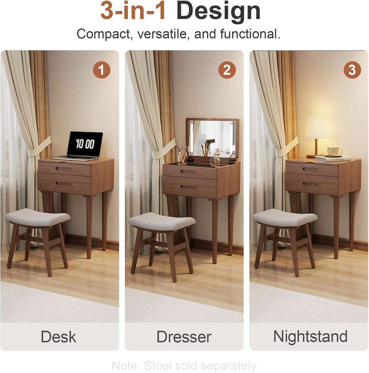 Walnut Finish Contemporary Vanity Desk Integrated Mirror