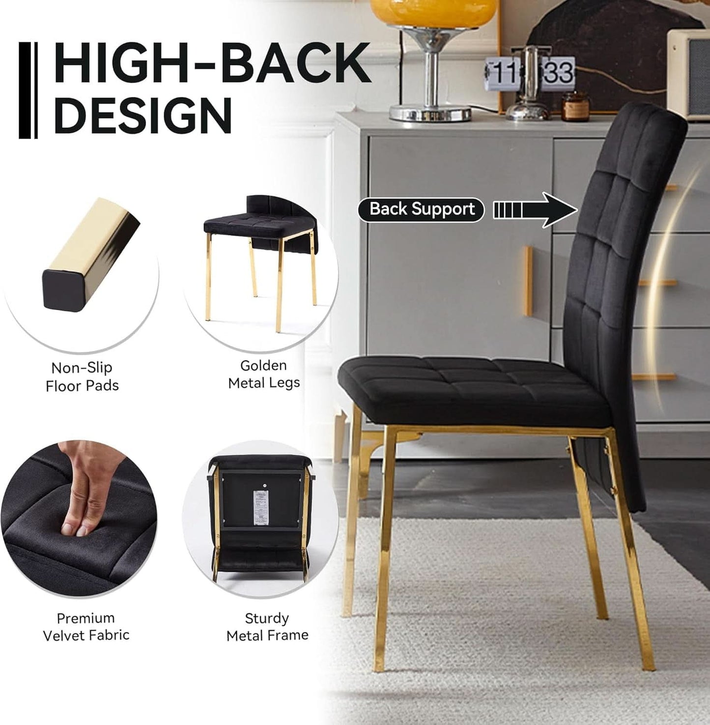 Black Velvet Dining Chairs Set of 4 with Golden Metal Legs